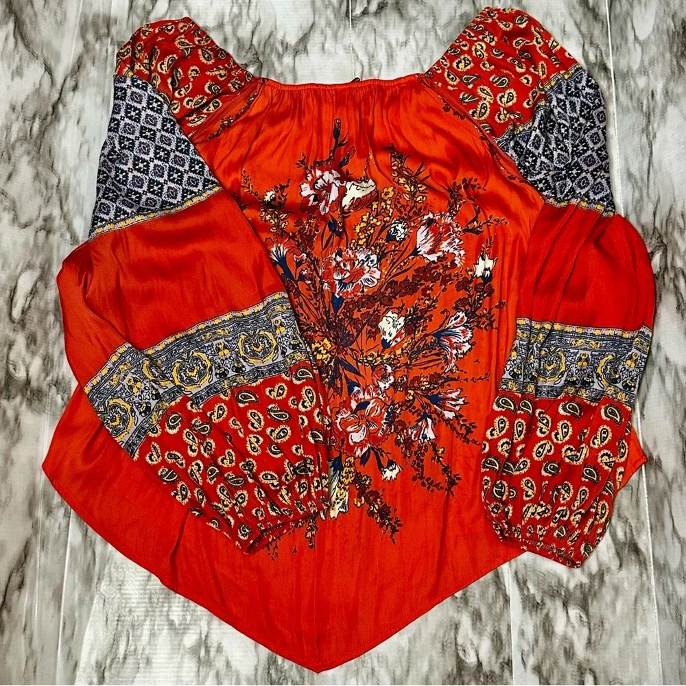 Free People Asymmetrical Embellished Raglan Blouse Orange Romantic Boho Chic